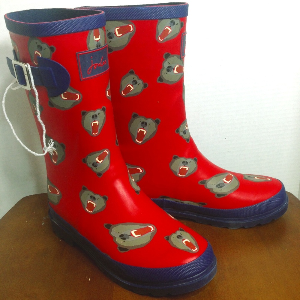 *NWOT Joules Red Blue Rain Boots w/Growling Bear
